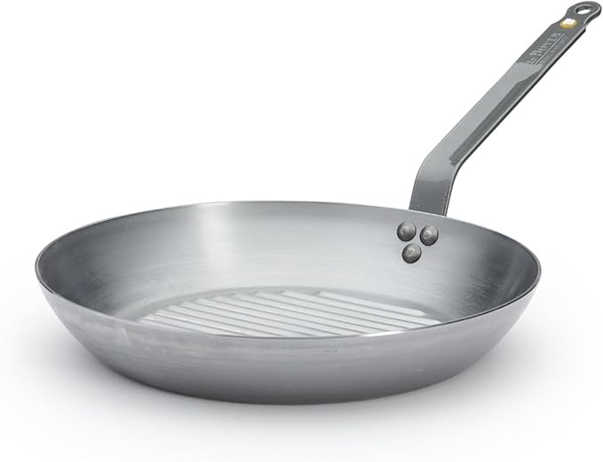 de Buyer MINERAL B Carbon Steel Grill Pan - 12.5” Diameter - Ideal for Grilling & Browning Meat - Naturally Non-Stick Finish - Made in France