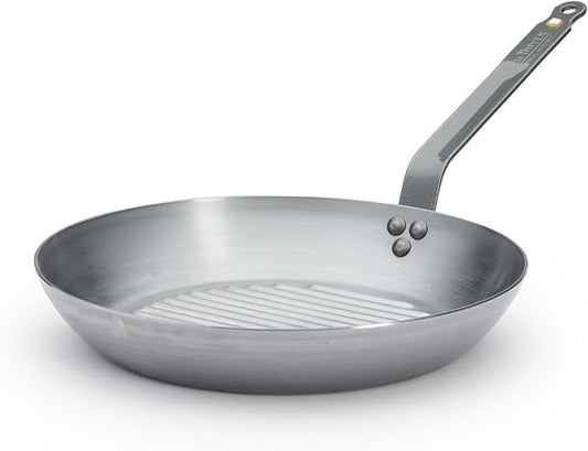 de Buyer MINERAL B Carbon Steel Grill Pan - 12.5” Diameter - Ideal for Grilling & Browning Meat - Naturally Non-Stick Finish - Made in France