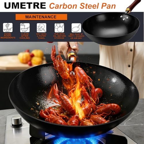 Carbon Steel Wok Pan, 12.6-Inch Nonstick Pre-Seasoned Woks & Stir-Fry Pans with Glass Lid, No Chemical Coated Wok Round Bottom Hand Hammered Chinese Wok for Gas Stoves