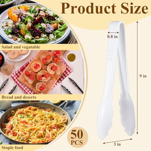 Tessco 50 Pcs Plastic Tongs, 9 Inch Disposable Serving Tongs,White