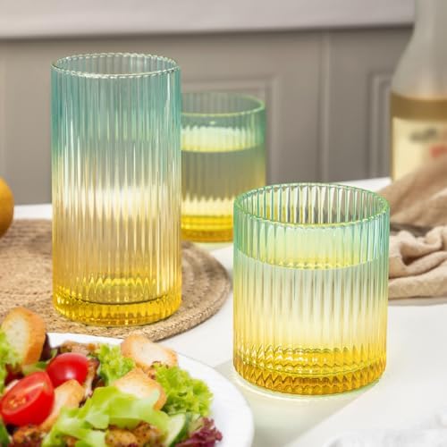 Ribbed Drinking Glasses 8pcs, 12oz and 10oz Glassware, Tumbler Glasses Cup Set for Wedding, Party, Christmas Gift, Golden Green