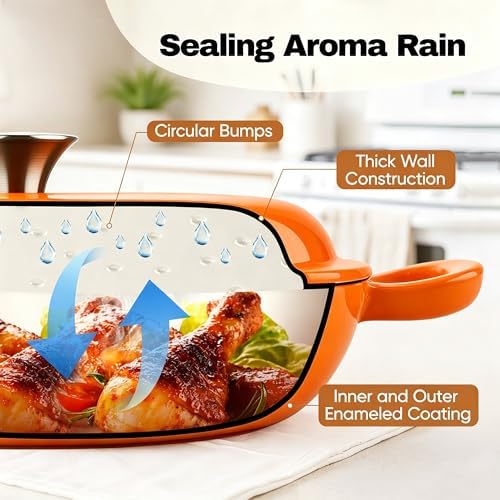 3 Quart Enameled Cast Iron Braiser, Non Stick Enameled Cast Iron Skillet with Lid, Dutch Oven Skillet with lid up to 500°F for Oven, Stove, Grill, Shallow Dutch Oven for Cook, Bake (Orange)