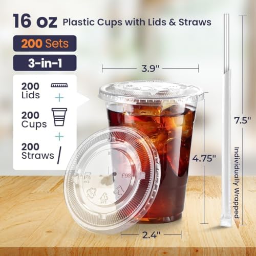 Fit Meal Prep 200 Pack 16 oz Plastic Iced Coffee Cups with Flat Lids and Clear Straws, Disposable Clear Cup, BPA Free Cup for Party, Smoothie, Cold Drinks, Juice, Milkshake, Bubble Boba, Tea