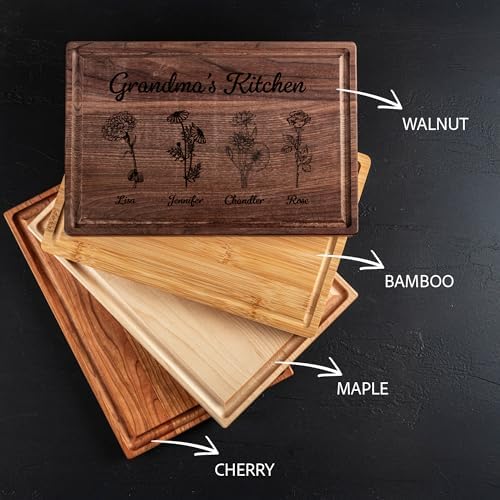 Personalized Cutting Board for Mom or Grandma – Birth Flower Garden Design, Custom Gift for Mother’s Day, Wedding, Birthday, Bridal Shower from Daughter or Son – Valentines Day Gifts