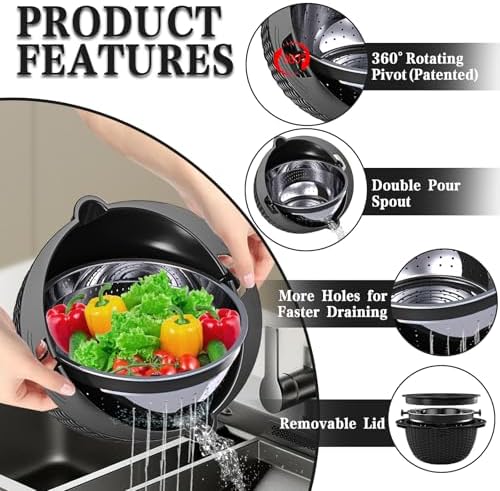 4-1 Colander with Bowl Set - Colander for Kitchen - Rotatable Strainers and Colanders(Patented) - Pasta Strainer - Bowl With Colander & New Upgraded Graters for Fruit Veggie, Kitchen Essentials, Black
