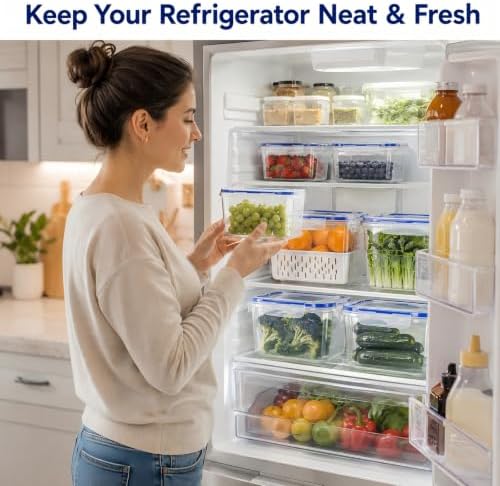 3 Pcs Fruit Storage Containers for Fridge, Produce Storage Containers with Removable Colander Basket & Airtight Lid, BPA-free food storage containers, for Fruits, Vegetables & Meat Grey