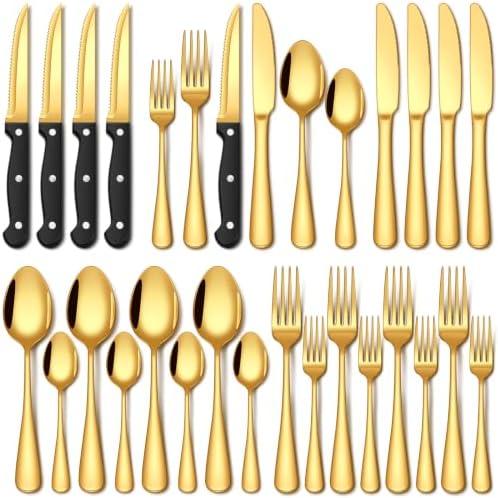 EUIRIO 24 Pcs Gold Silverware Set with Steak Knives Food Grade Stainless Steel Flatware Set for 4 Cutlery Utensil Set Includes Knife Mirror Polished Dishwasher Safe for Home Restaurant