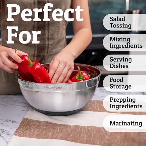 Priority Chef 6Pc Stainless Steel Mixing Bowls with Lids Set, Huge 7 Qrt Size Metal Bowl Set for Kitchen, 3 Graters, Non-Slip Bases & Silicone Utensils Set, Grey