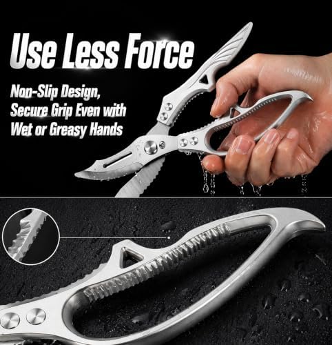 Heavy Duty Poultry Shears, Spring Loaded Kitchen Shears with Safety Lock - Sharp Stainless Steel Blades, Non-Slip Aluminum Handle, Dishwasher Safe Kitchen Scissors for Chicken, Turkey, Meat & Fish