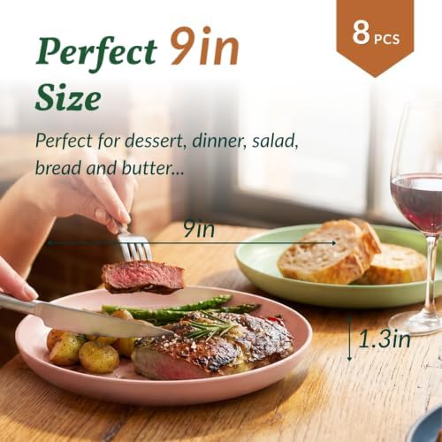 Homienly Deep Dinner Plates Set of 8 Unbreakable Wheat Straw Plates Plastic Reusable Plates for Kitchen, Picnic, RV, Dishwasher and Microwave Safe Plates for Salad, Dessert (Fresh Light, 9 inch)