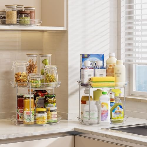 LAMU 4 Pack 10.6'' 2-Tier Lazy Susan Turntable Organizer Rotating Spice Rack Organization for Cabinet, Kitchen, Pantry, Countertop, Bathroom, Vanity, Makeup Organizer, Clear