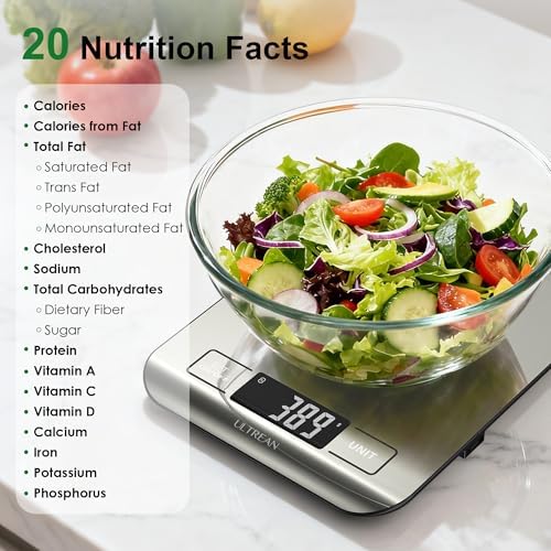 Ultrean Smart Food Kitchen Scale with Nutritional Calculator, App for Macro & Calorie Tracking, AI Scan, Digital Grams and Ounces for Weight Loss, Rechargeable, Stainless Steel, 33lb /15kg