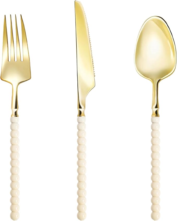 150 Pcs Gold Plastic Silverware,Gold Plastic Utensils with Ivory Beads Handle,Fancy Disposable Cutlery Set Include 50 Forks 50 Knives 50 Spoons for Party & Wedding