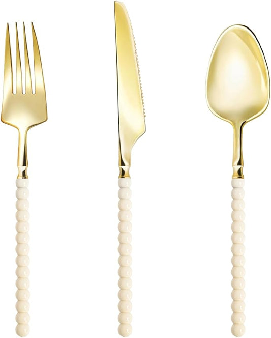 150 Pcs Gold Plastic Silverware,Gold Plastic Utensils with Ivory Beads Handle,Fancy Disposable Cutlery Set Include 50 Forks 50 Knives 50 Spoons for Party & Wedding