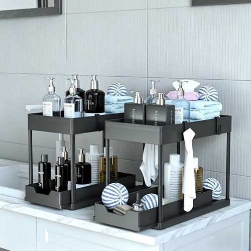 DEKAVA Under Sink Organizer 2 Pack, Bathroom Cabinet Organizer, 2 Tier Sliding Cabinet Basket Organizer Drawer, Multi-Purpose Bath Collection Baskets for Bathroom (Black)