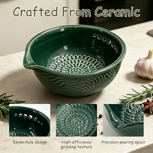 Grater Plate, 3 in 1 Handmade Tool Ceramic Bowl with Herb Stripper (Green)