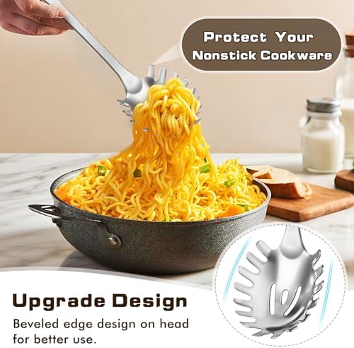 3 Pcs Stainless Steel Cooking Utensils Set, Heat Resistant Kitchen Utensils, Metal Kitchen Tools Include Solid & Slotted Spoon, Pasta Server, Ergonomic Handle, Dishwasher Safe, Easy to Clean, Silver