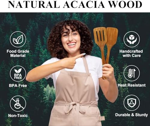 2Pcs Non Toxic Acacia Wood Spatula for Cooking Utensils Set Flipping Turner