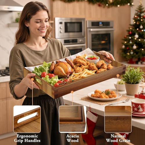 Acacia Serving Trays, Wooden Serving Tray with Handles, 2 Pack, Large