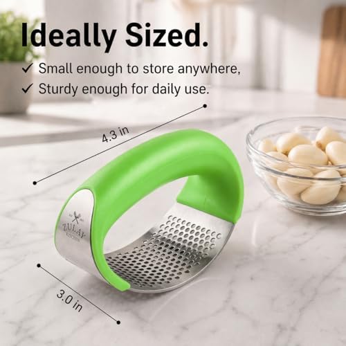 Zulay Kitchen Stainless Steel Garlic Press Rocker Set - Premium Garlic Mincer Garlic Crusher - New Innovative Garlic Crusher with Peeler and Scraper - Comfortable Grip (Green)
