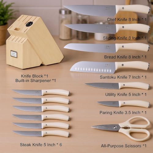 WANGMAZI 15-Pcs Knife Block Set, High Carbon Steel Ultra Sharp, Natural