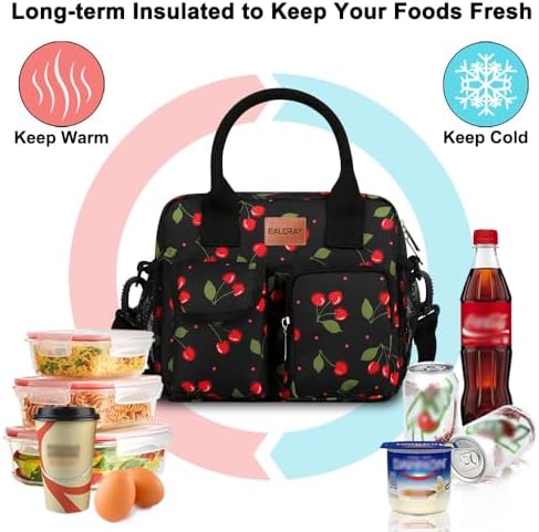 BALORAY Lunch Bag for Women Men Adult Lunch Box (Cherry with strap), L