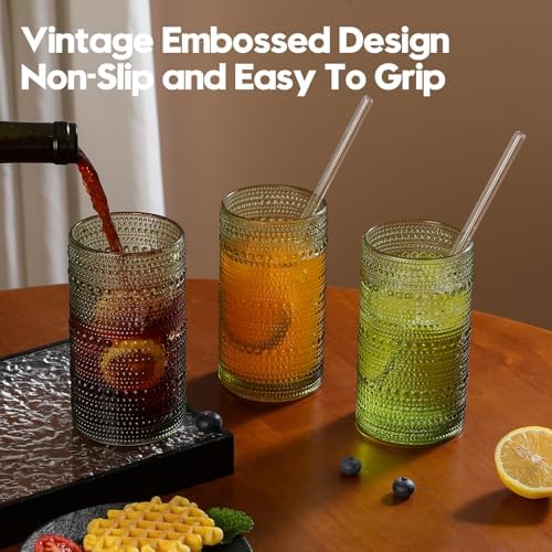 Vintage Hobnail Drinking Glasses Set of 6, 16 oz Large Capacity Embossed Green Tumblers, Highball Glasses for Water, Cocktail, Beer, Whiskey, Kitchen & Bar Use