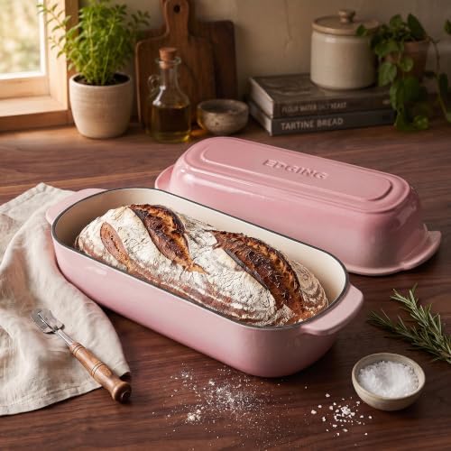 EDGING CASTING Enameled Cast Iron Loaf Pan with Lid, Bread pan, Dutch Oven Bread pan for Homemade Sourdough Bread Baking, 12.5x5.5 inch, 5qt, Pink