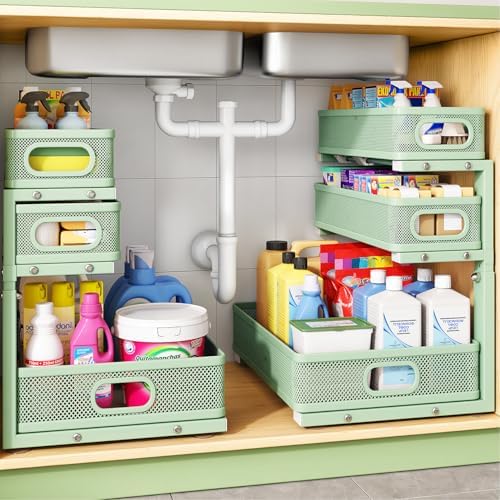 Kitstorack Under Sink Organizer, 2-Pack 3-Tier Height Adjustable Thickened Metal Pull out Cabinet Organizer Shelf, Slide out Storage Drawer Rack for Bathroom Kitchen Pantry Home Organization, Green