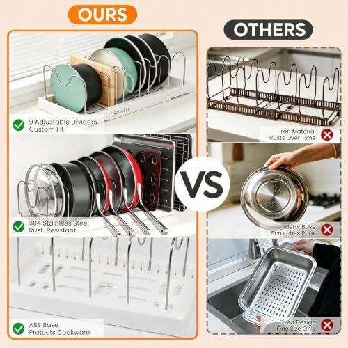 2 Pack Expandable Pots and Pans Organizer under Cabinet, Adjustable Pot Lid Organizer Rack with 9 Stainless Steel Dividers, Food Container Lid Holder for Kitchen Countertop Storage (White)