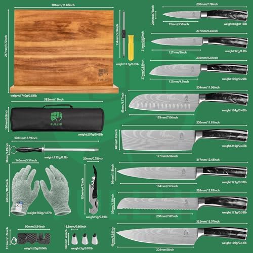 FULLHI 15pcs Japanese Knife Set with Magnetic Knife Block Holder, Japan Stainless Steel Blades, Black Resin Ergonomic Handles for Professional and Home Cooking