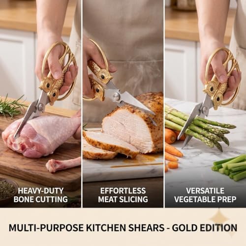 XSNBRD All Purpose Kitchen Scissors, Pearl Gold Stainless Owl Shears Large