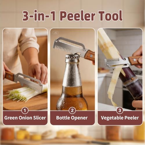Multifunctional Vegetable Peeler, 3 in 1 Veggie Peeler and Julienne Shredder Tool with Wooden Handle for Peeling Fruit Pumpkin Potato Carrot(2 Pack)
