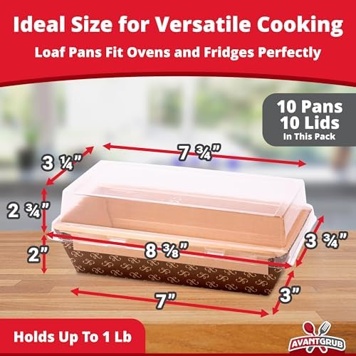 Avant Grub Baking Pan Chef Grade 1Lb Paper Loaf Pans 10 Pk. Elegant Disposable Bakeable Kraft Pan Supplies for Baking Bread, Small Meatloaf, Bundt Cake, Sweets, Kraft Paper - With Lids