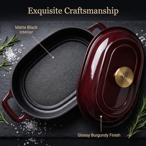 La Cuisine Enameled Cast Iron Bread Loaf Dutch Oven Oblong for Sourdough Crusty Bread & High‑Heat Baking. Oven-Safe 550°F/287°C Matte Black Enamel Interior, 5.5 QT, Cranberry