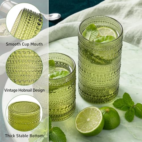 Hobnail Drinking Glasses Set of 12 Kitchen Glass Cups Glassware, Green