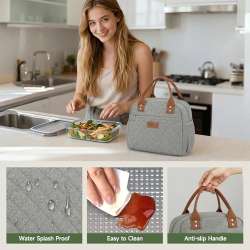 HOMESPON Insulated Lunch Bag for Women Men Adults Lunch Tote with Front Pocket Lunch Box Container Cooler Bag for Work Picnic (Grey)
