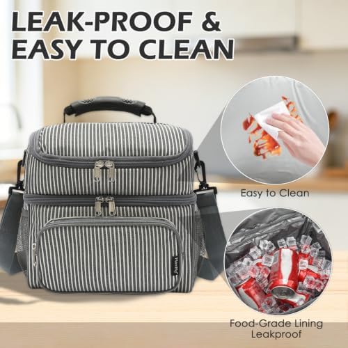 FlowFly Double Layer Cooler Insulated Lunch Bag Adult Lunch Box Large Tote Bag for Men, Women, With Adjustable Strap,Front Pocket and Dual Large Mesh Side Pockets