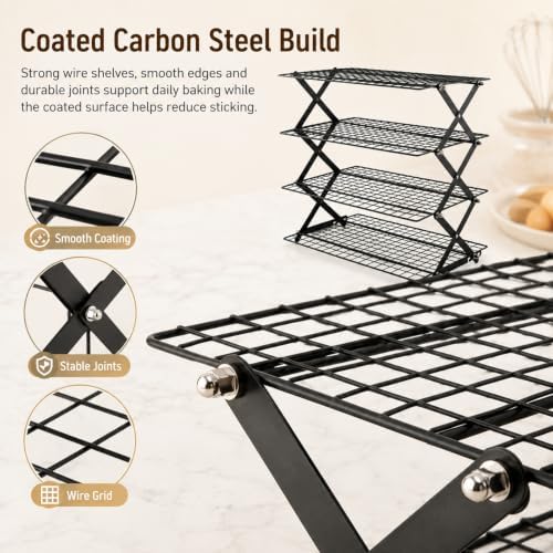 4 Tier Collapsible Cooling Racks for Baking, Adjustable Wire Cooling Rack, Stackable Roasting Cooking Drying Cooling Racks for Cookies, Bread and Picnic Party Must Haves