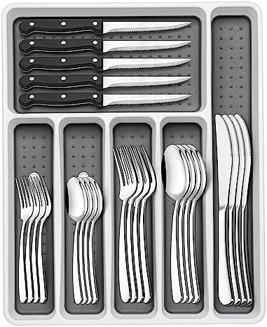 49-Piece Silverware Set with Organizer, Heavy Duty Stainless Steel Flatware Set for 8, Cutlery Utensil Sets with Steak Knives, Rust-proof, Mirror Polished, Dishwasher Safe, Heavy Duty