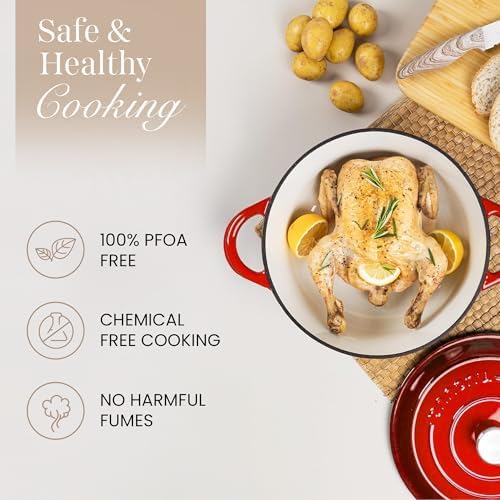 Nuovva Enamelled Cast Iron Dutch Oven Pot with Lid-6.4 Quart Non Stick Casserole Pot-Heavy Duty & Oven Safe up to 500° F for Bread Baking, Braising, Stews, Roasting - 28cm Red