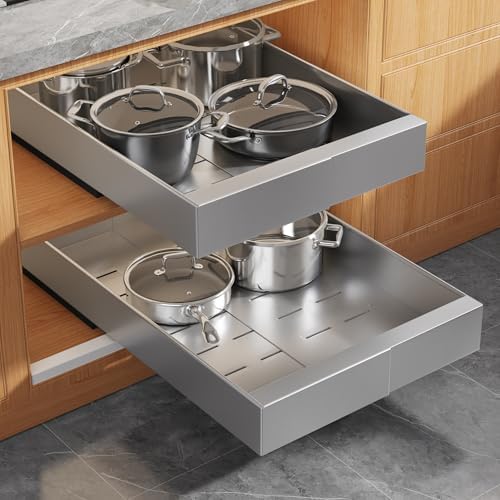 Seinloes 2 Pack Expandable Pull Out Cabinet Organizer 21" Deep with Raising Pad for Framed Cabinets,Upgrade 3 Slide Rails Slide Out Drawers,Roll Out Shelves Adhesive,Adjustable Width 9"-14.1" Silver