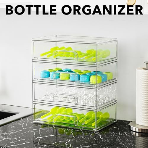 SpaceAid Bottle Storage Organizer Baby - Acrylic Bottles Station Organizer Container, Stackable Clear Drawers for Countertop, Vanity, Bathroom, Cabinet, Pantry Organization, 4 Pack, 4L, 13.7"H