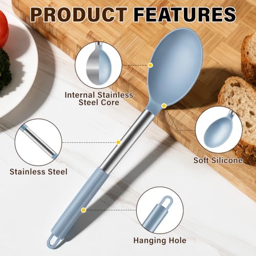 3Pcs Silicone Cooking Spoon Set, Kitchen Utensils Include Solid & Slotted Spoon, Soup Ladle, Food-Grade Heat Resistant 446°F, Non-Scratch Spoons for Serving, Stirring, Draining, Dishwasher Safe, Blue