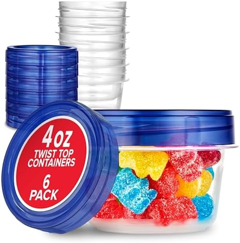 Stock Your Home 4oz Plastic Containers with Twist Top Lids (6 Pack), 1/2 Cup Small Freezer Containers for Leftover Food, Airtight Reusable Soup Containers with Lids, Microwave and Dishwasher Safe