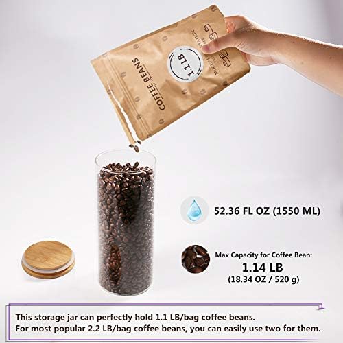 77L Glass Coffee Bean Container, 52.36 FL OZ (1550 ML), [Thickened Version] Glass Food Storage Jar with Airtight Seal Bamboo Lid - Clear Food Storage Canister for Serving Tea, Coffee, Spice and More