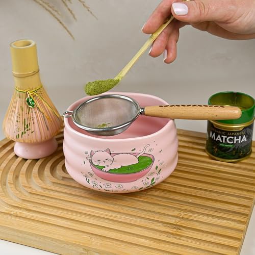 Aprika Life Matcha Whisk Set 6 Pcs - Ceramic Matcha Bowl, Bamboo Whisk, Matcha Whisk Holder, Scoop, Sifter & Tea Cloth - Traditional Handmade Matcha Set - Unfurl Pink with Cat print