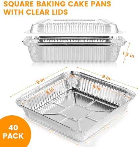 40 Pack 8x8 Inch Aluminum Pans with Clear Plastic Lids - Square Baking Cake Pans - Foil Pans with Lids - Disposable Food Containers Great for Cooking, Heating, Storing, Prepping Food