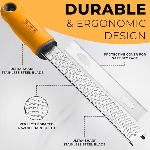 Orblue Lemon Zester & Cheese Grater - Premium Citrus Zester, Kitchen Grater for Parmesan, Chocolate, Fruits, Vegetables, Ginger, Garlic, Nutmeg - Stainless Steel Blades with Protective Cover, Orange