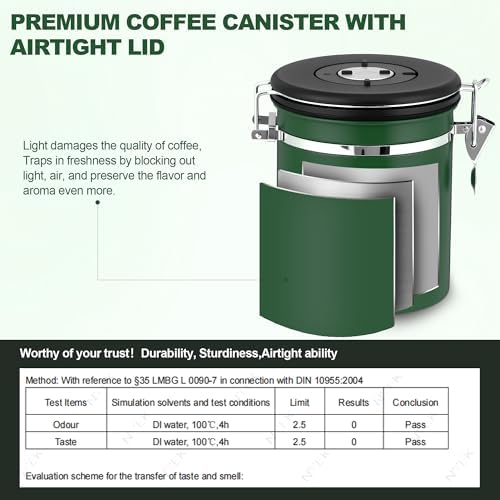 ShanSon Coffee Canister Airtight, Stainless Steel Bean Storage Container with Date Tracker & Scoop, Grounds Sugar Flour Tea Cereal Fits Kitchen Pantry, Ideal Gift for Coffee Lovers,12oz, Dark Green